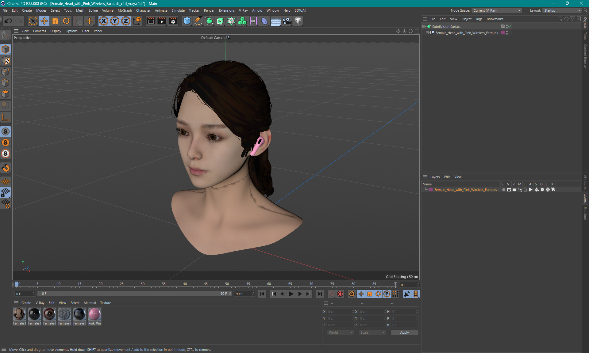 3D Female Head with Pink Wireless Earbuds model