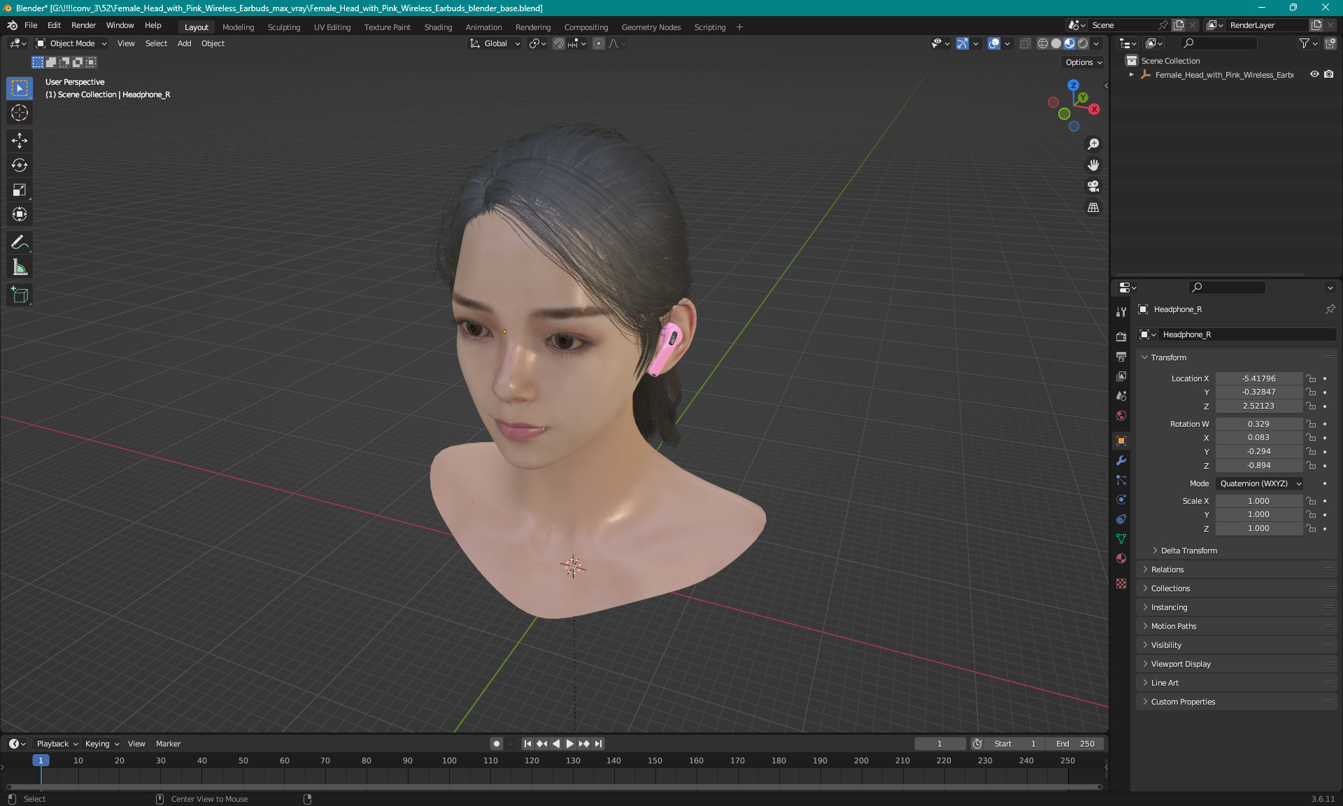 3D Female Head with Pink Wireless Earbuds model