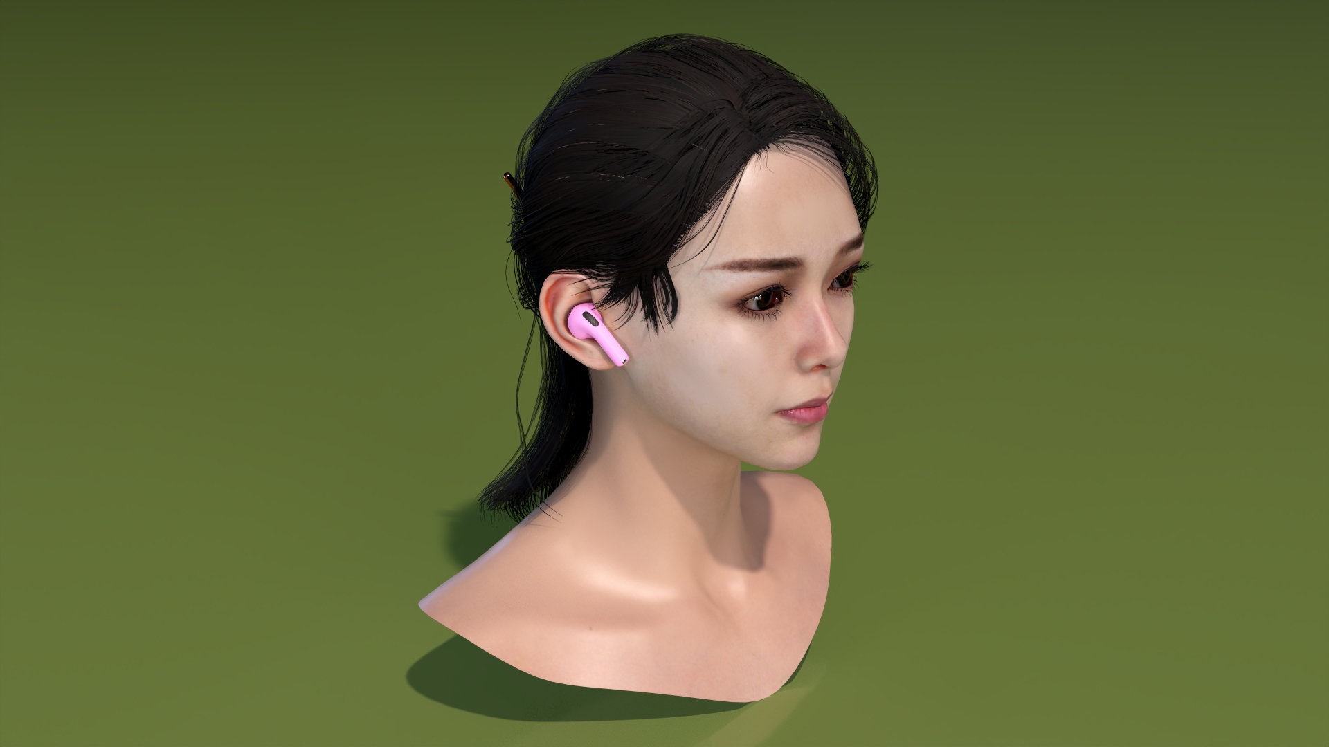3D Female Head with Pink Wireless Earbuds model