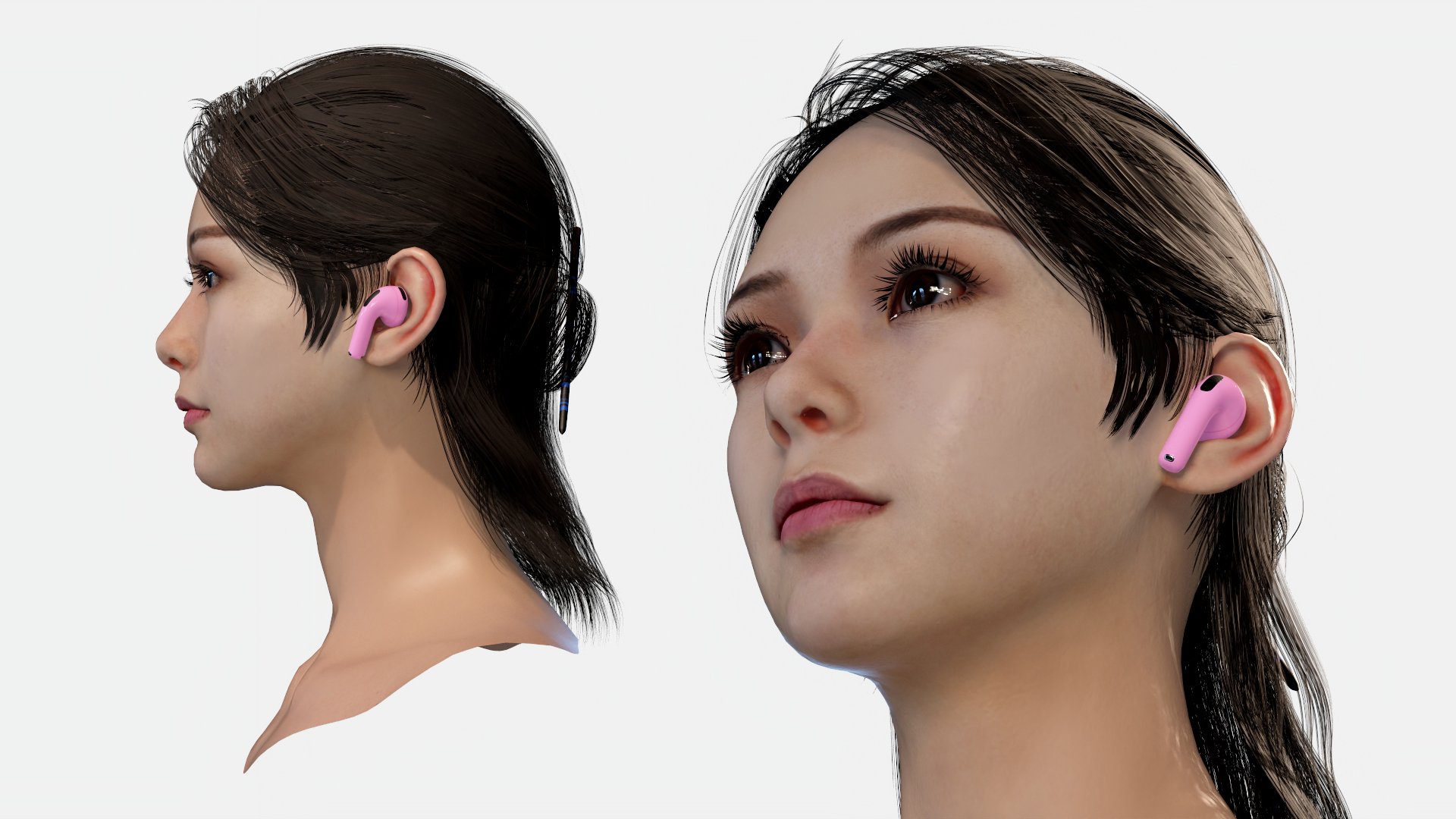 3D Female Head with Pink Wireless Earbuds model