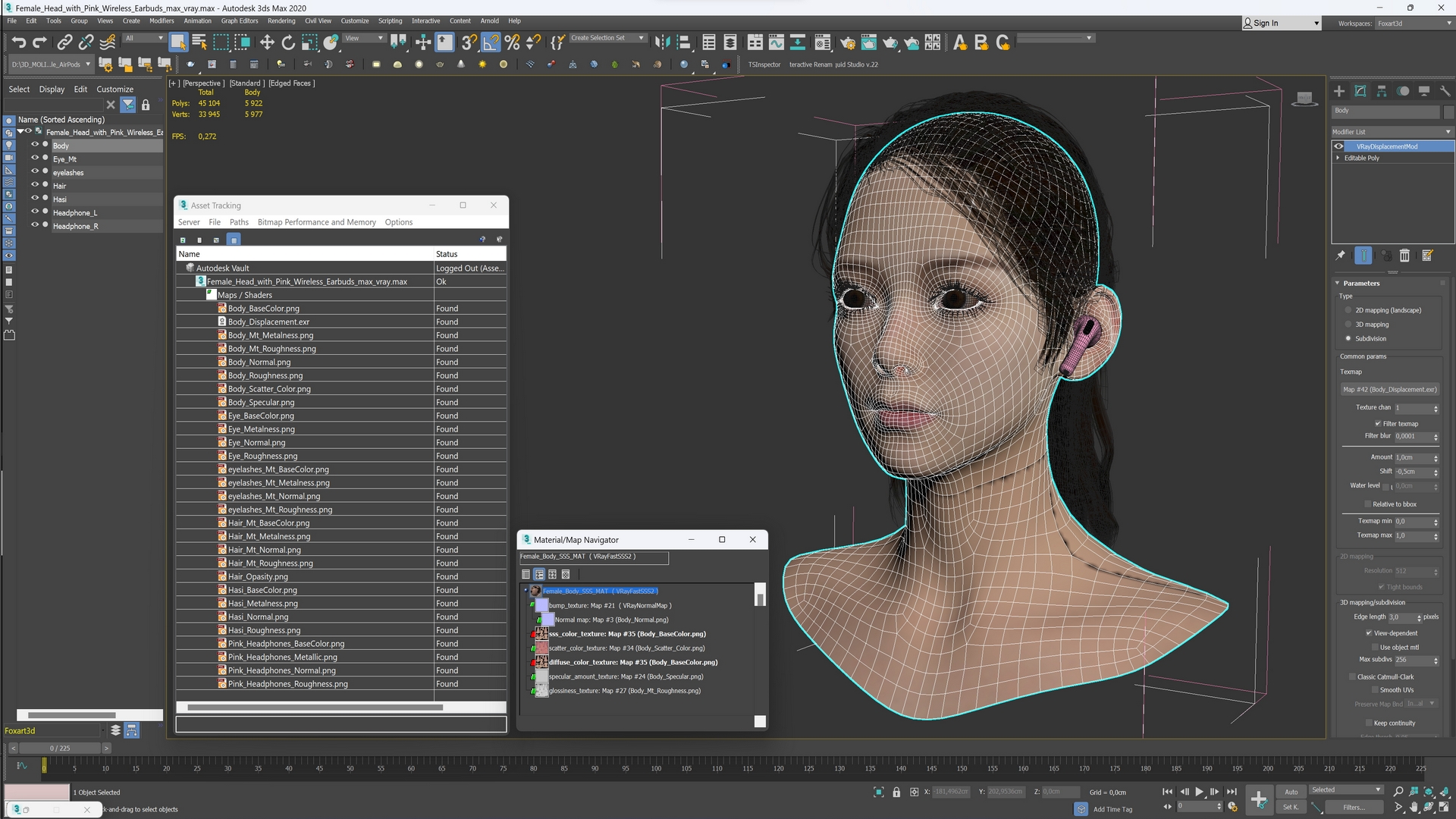 3D Female Head with Pink Wireless Earbuds model
