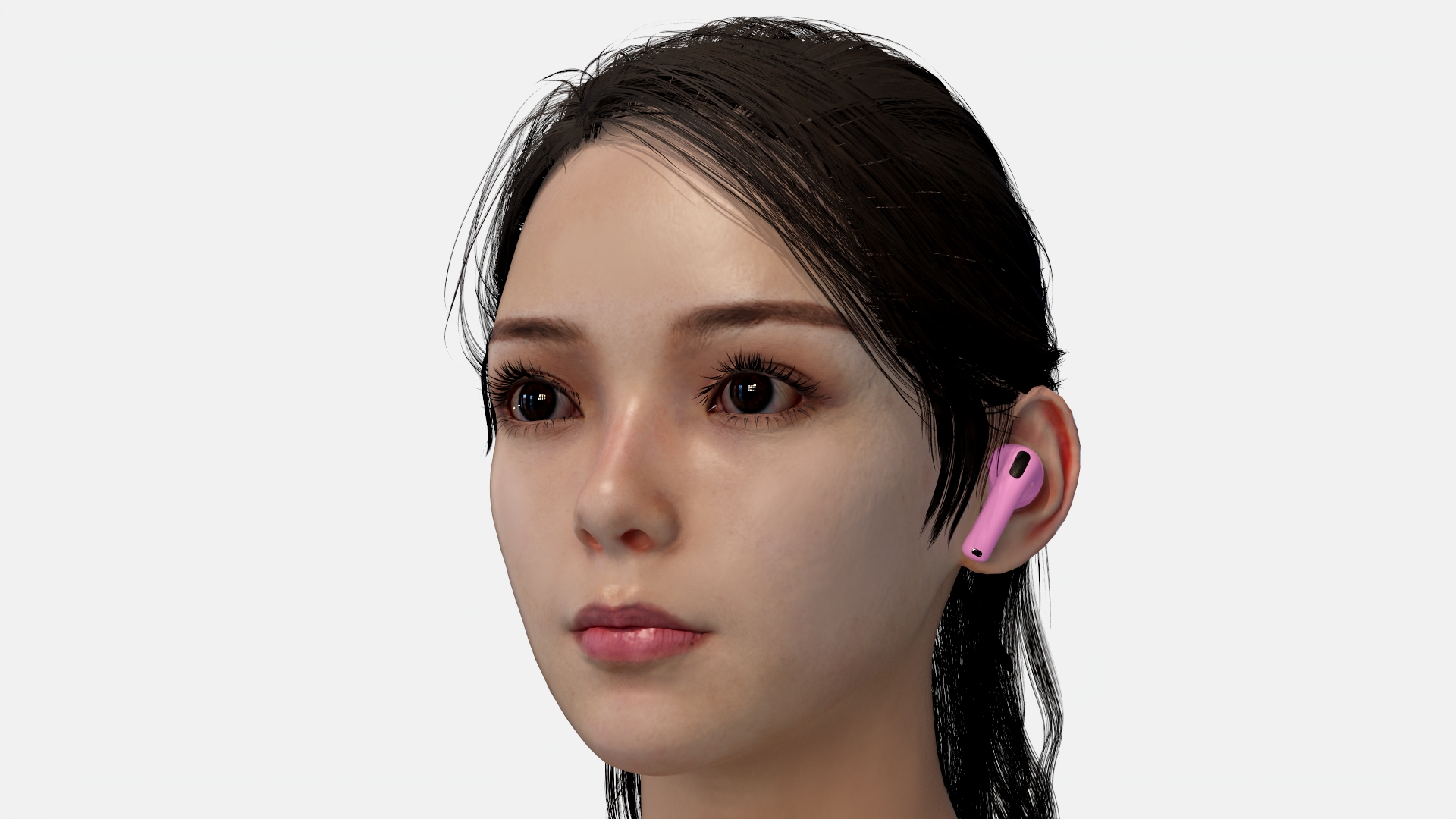 3D Female Head with Pink Wireless Earbuds model