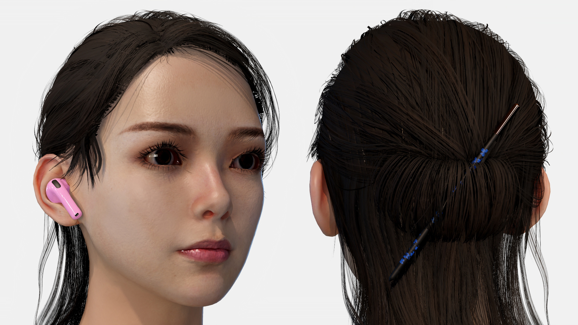 3D Female Head with Pink Wireless Earbuds model