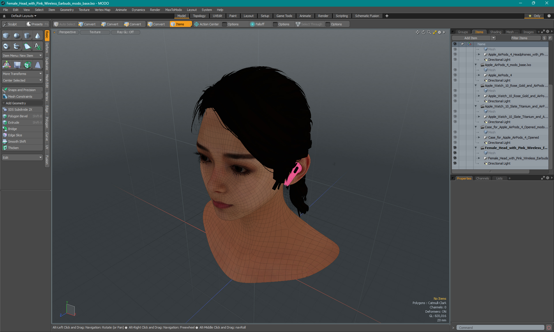 3D Female Head with Pink Wireless Earbuds model