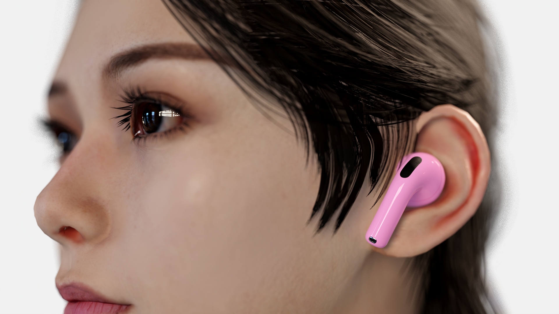 3D Female Head with Pink Wireless Earbuds model