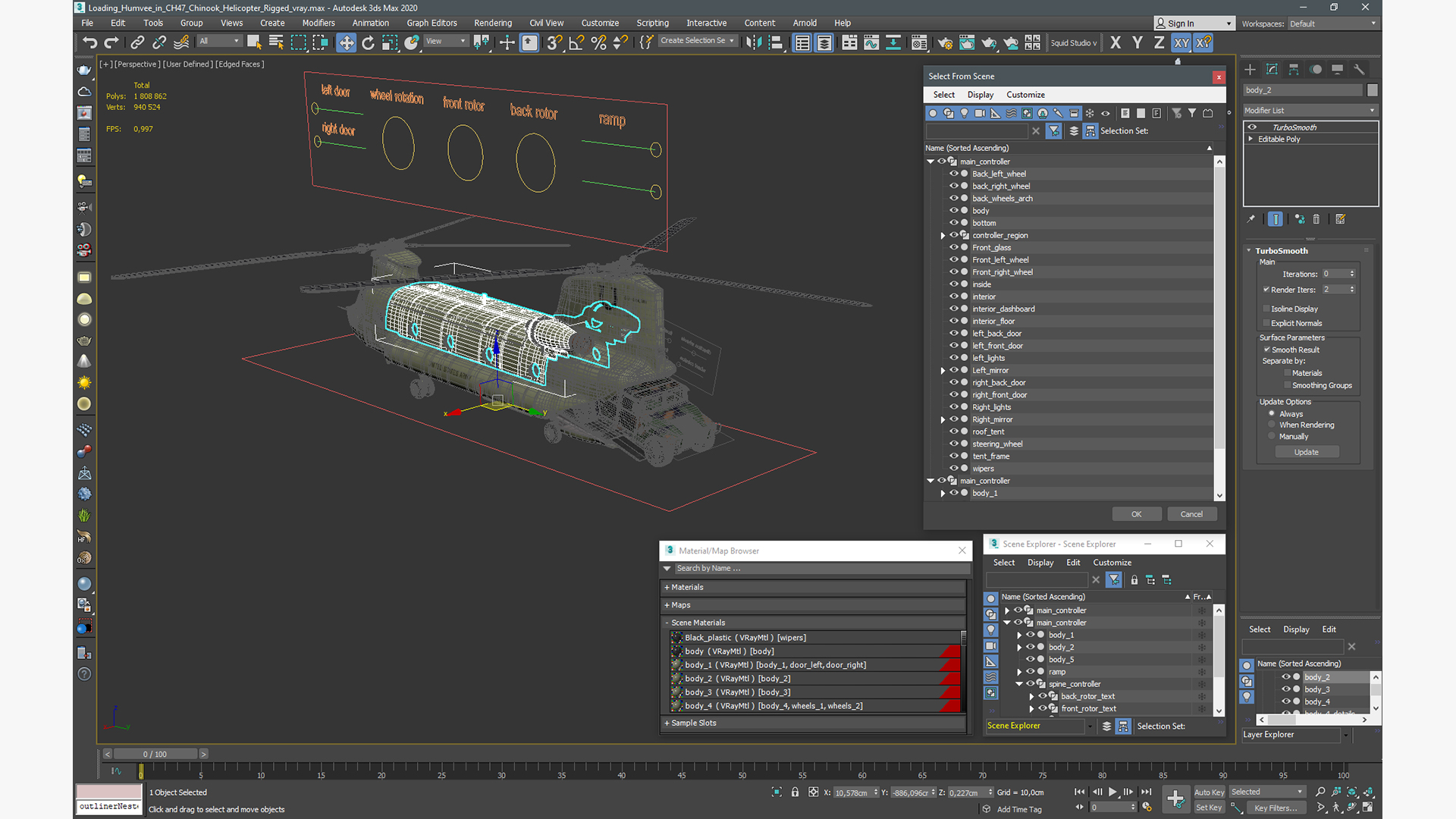 3D Loading Humvee in CH47 Chinook Helicopter Rigged model