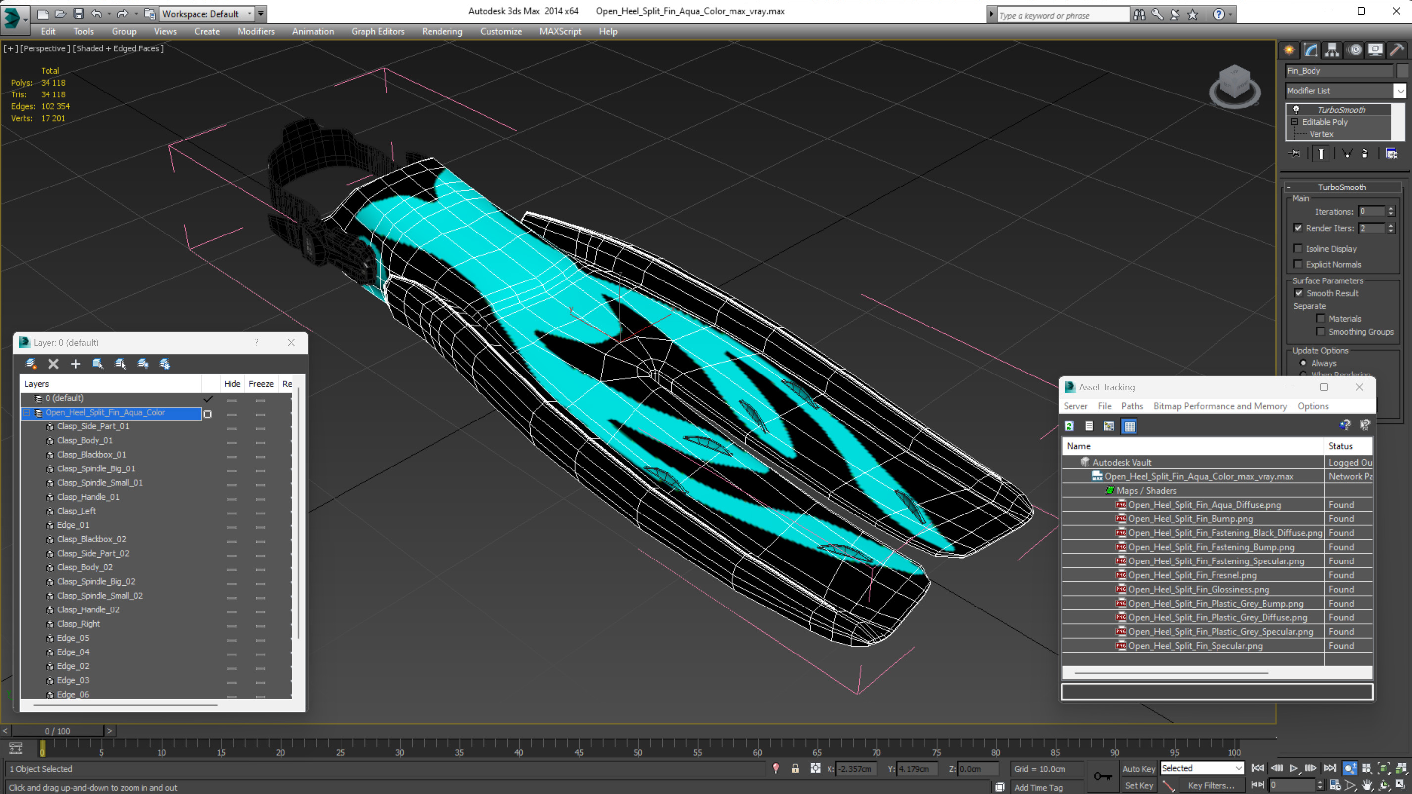 3D model Open Heel Split Fin Aqua Color