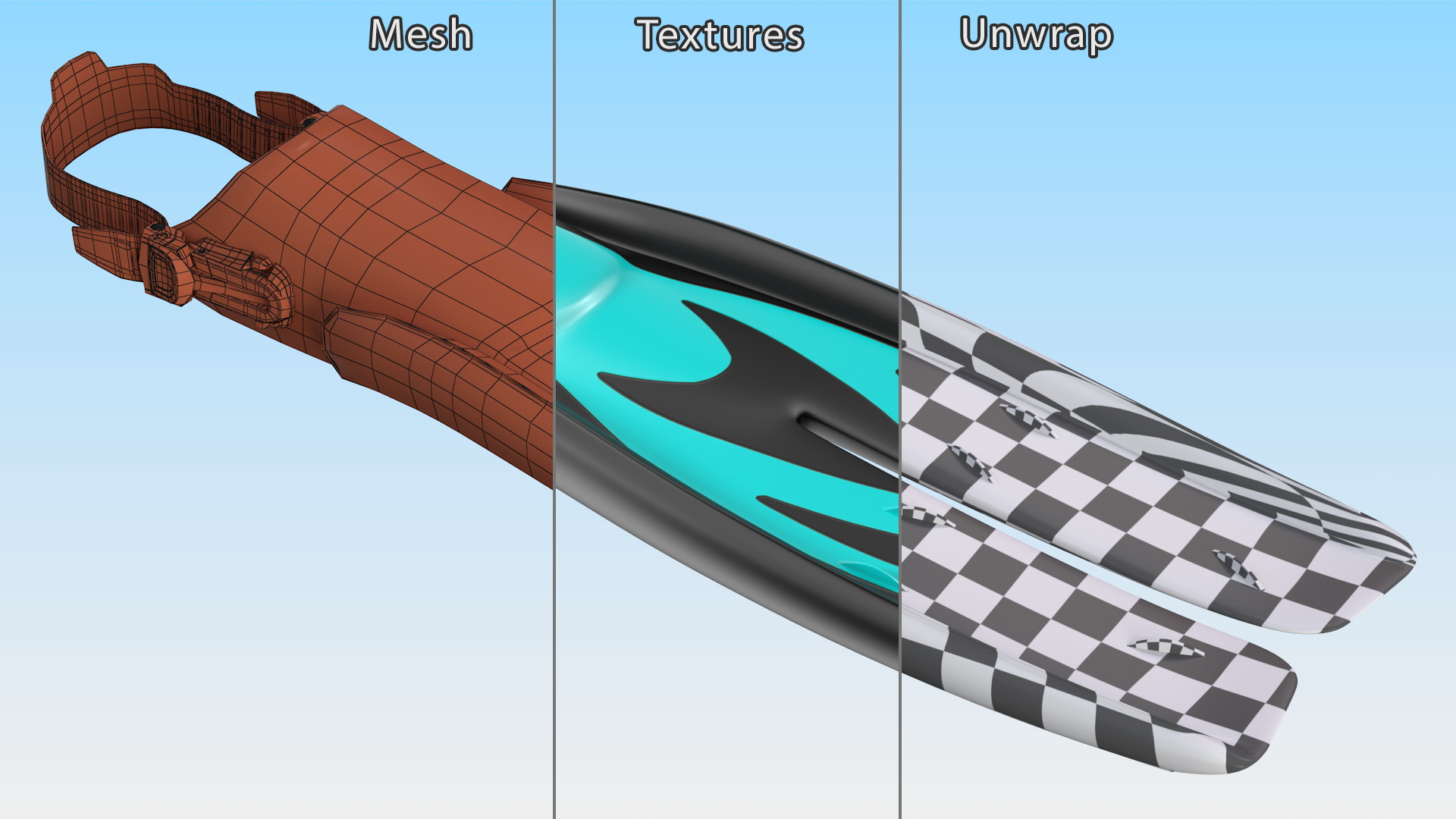 3D model Open Heel Split Fin Aqua Color