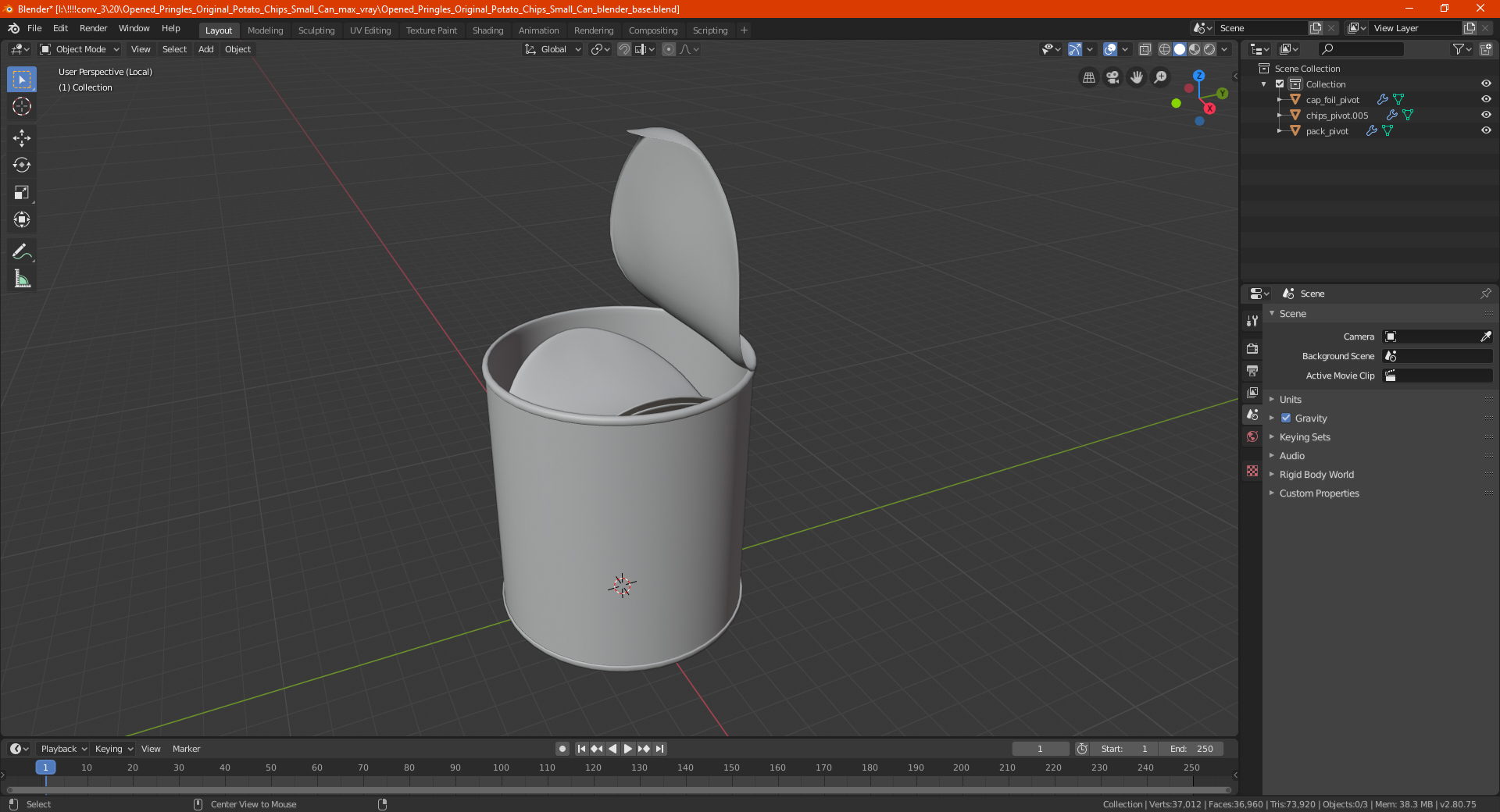 3D model Open Pringles Original Potato Chips Small Can