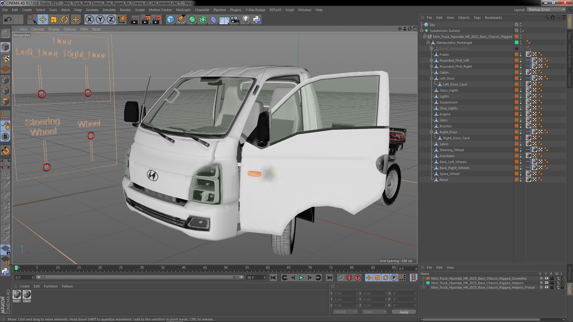 3D model Mini Truck Hyundai HR 2023 Bare Chassis Rigged for Cinema 4D