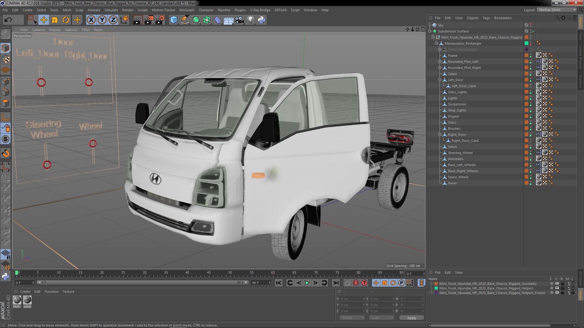 3D model Mini Truck Hyundai HR 2023 Bare Chassis Rigged for Cinema 4D