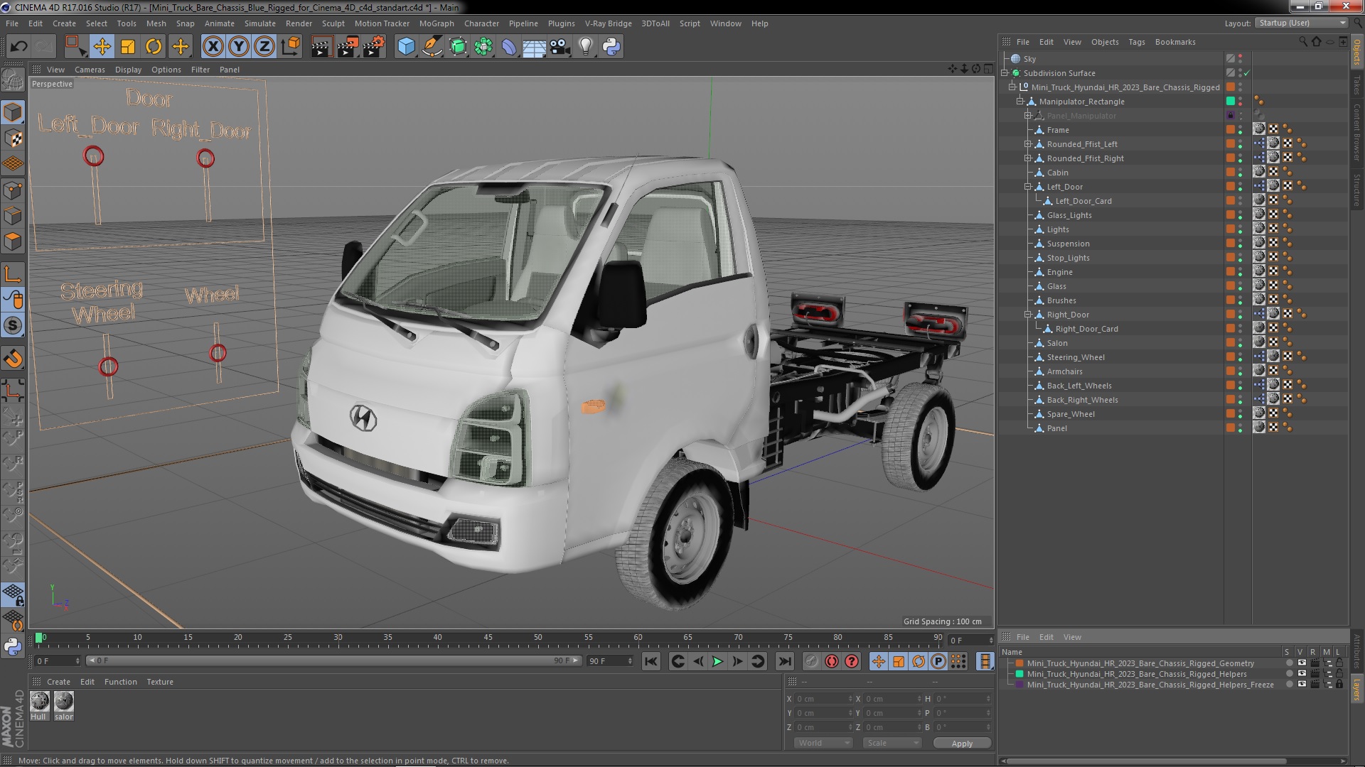 3D model Mini Truck Hyundai HR 2023 Bare Chassis Rigged for Cinema 4D