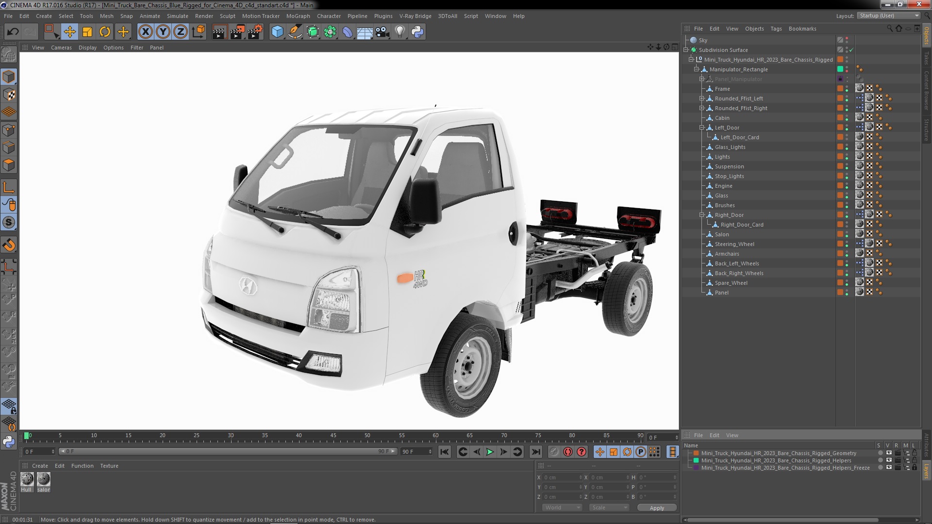 3D model Mini Truck Hyundai HR 2023 Bare Chassis Rigged for Cinema 4D