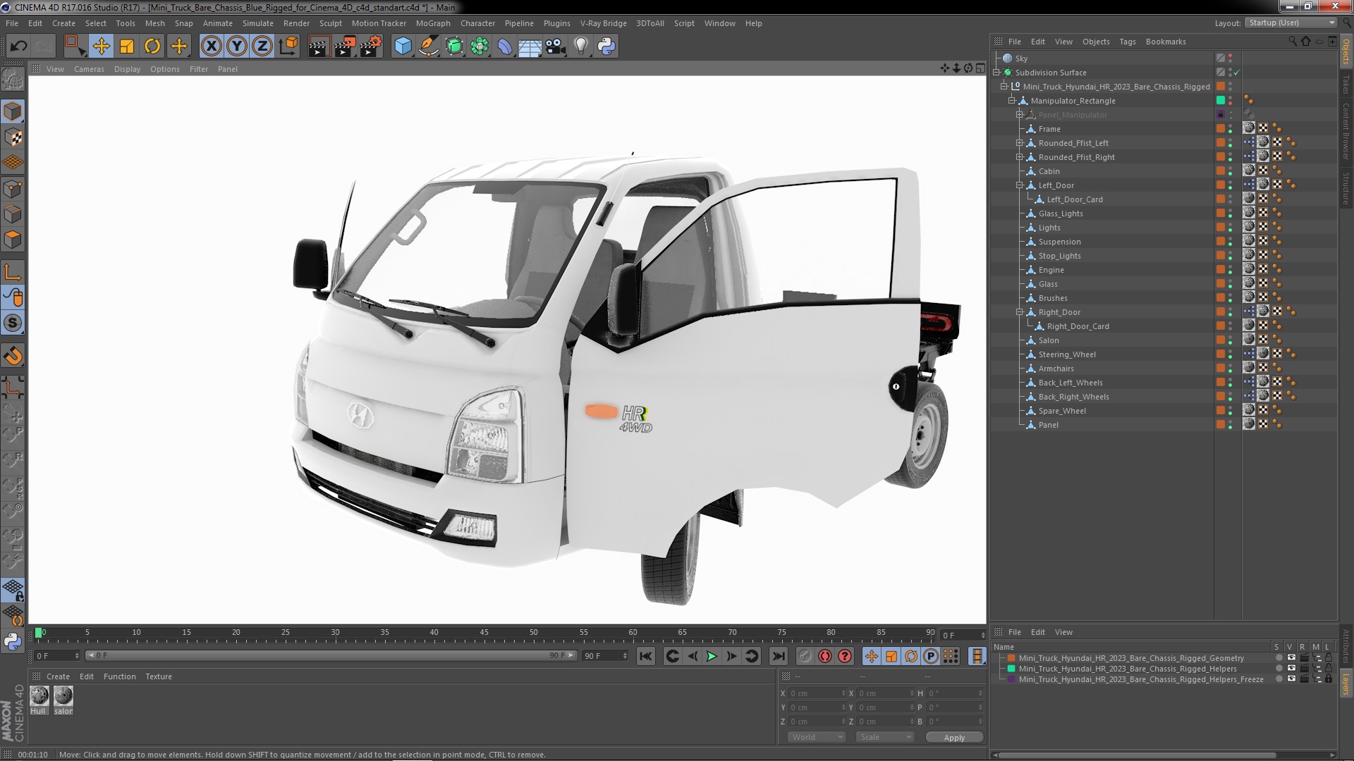 3D model Mini Truck Hyundai HR 2023 Bare Chassis Rigged for Cinema 4D