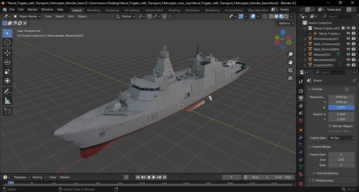 Naval Frigate with Transport Helicopter 3D model