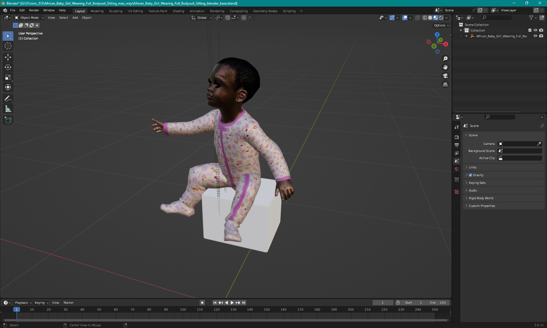 African Baby Girl Wearing Full Bodysuit Sitting 3D