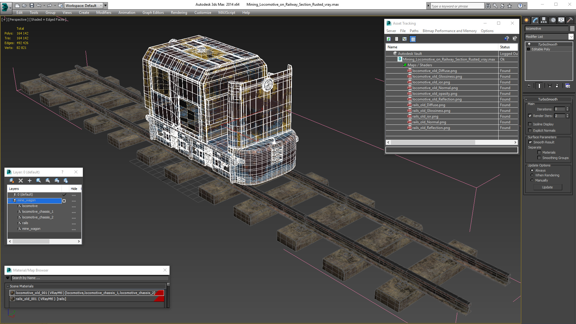 3D Mining Locomotive on Railway Section Rusted model