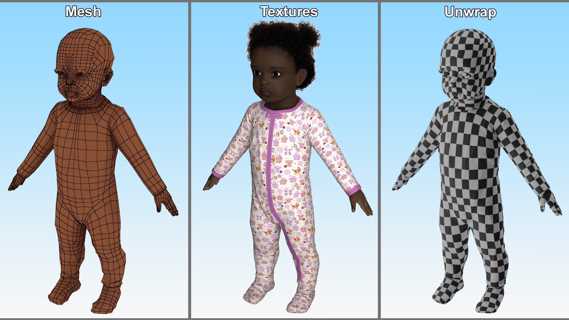 Little Dark Skin Girl in Full Bodysuit Fur Rigged 3D model