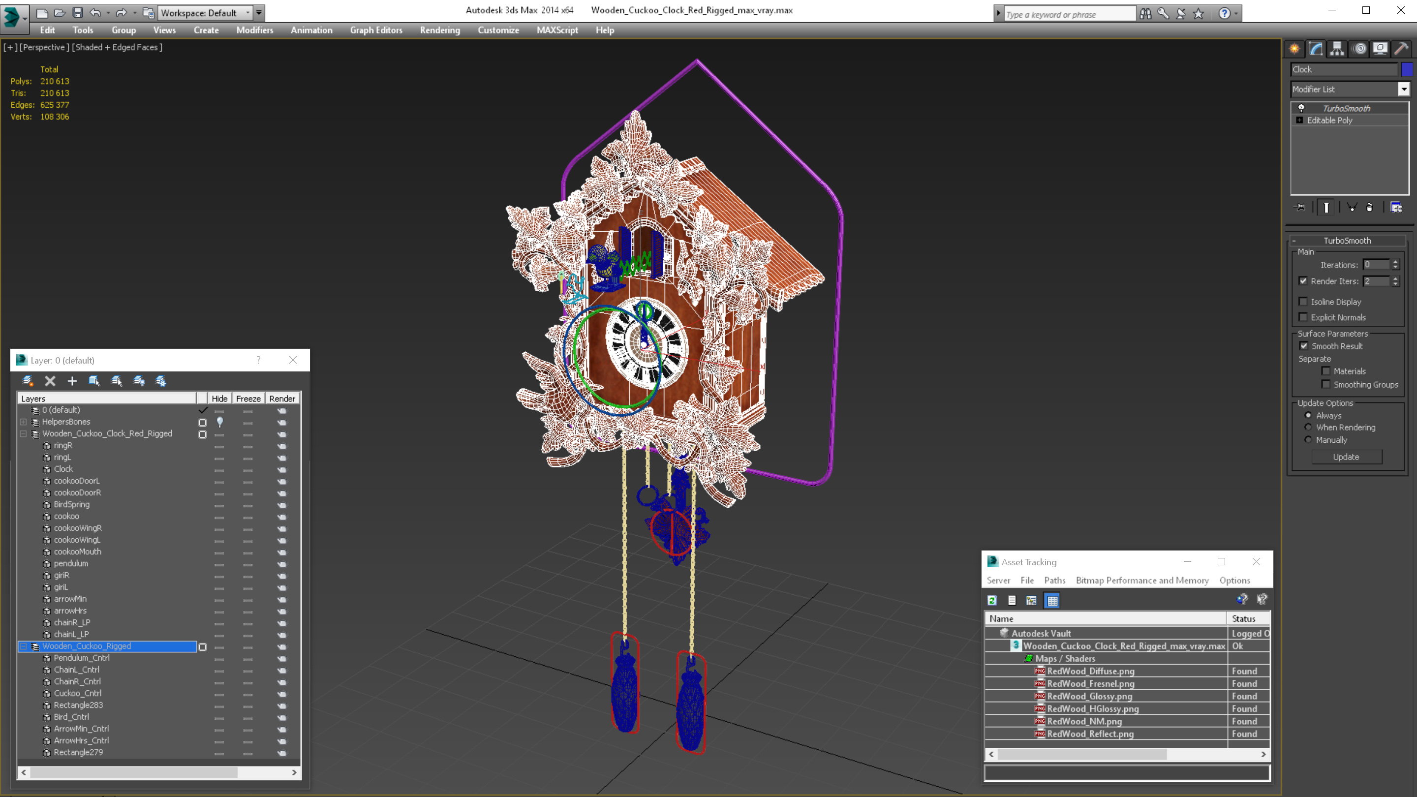 3D model Wooden Cuckoo Clock Red Rigged