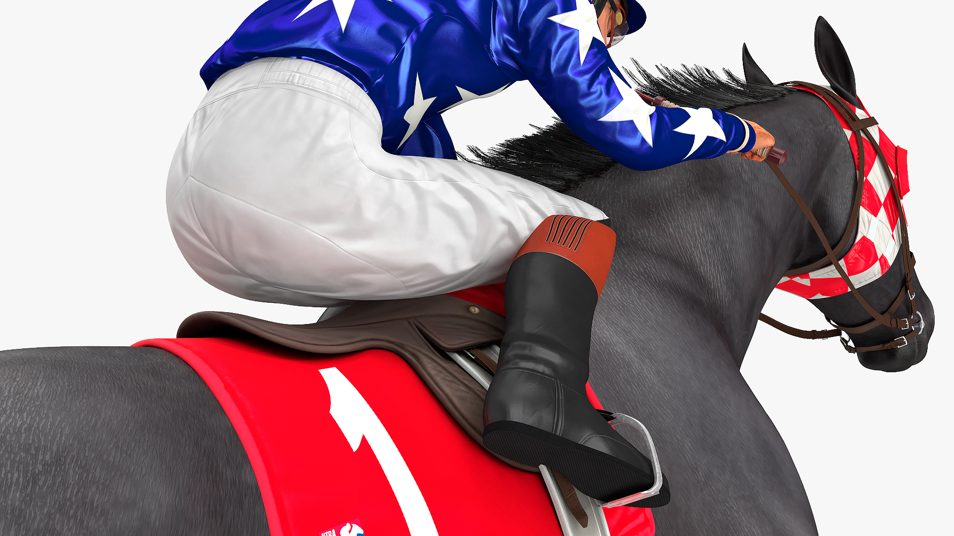 3D Jumping Black Racing Horse with Jokey Fur