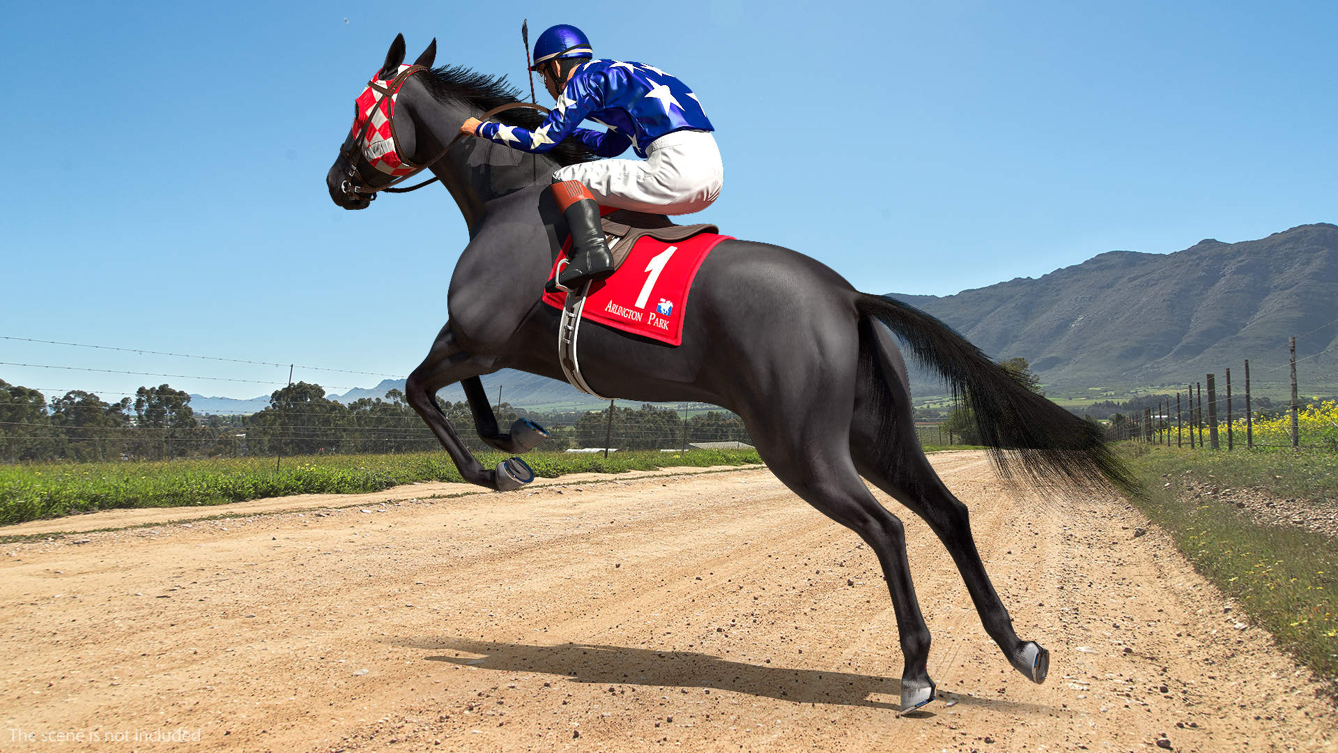 3D Jumping Black Racing Horse with Jokey Fur