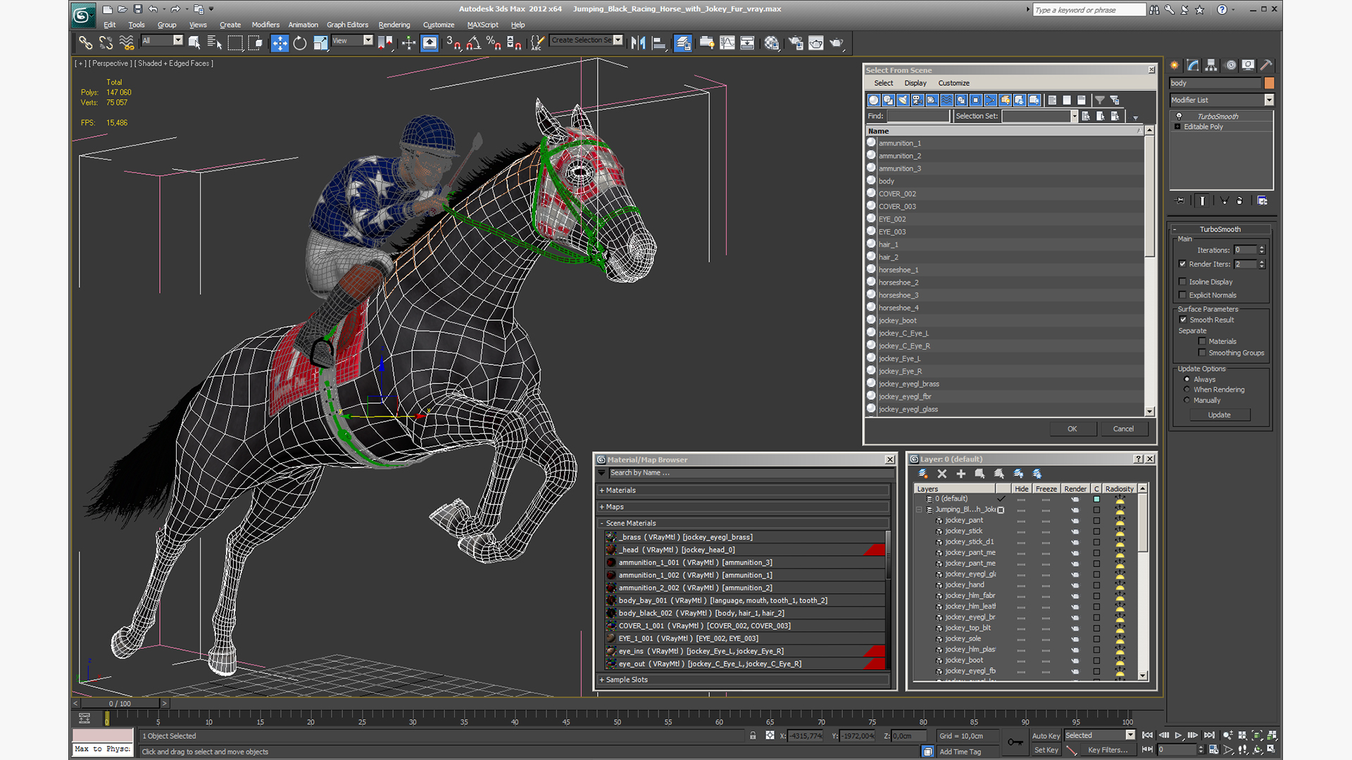 3D Jumping Black Racing Horse with Jokey Fur