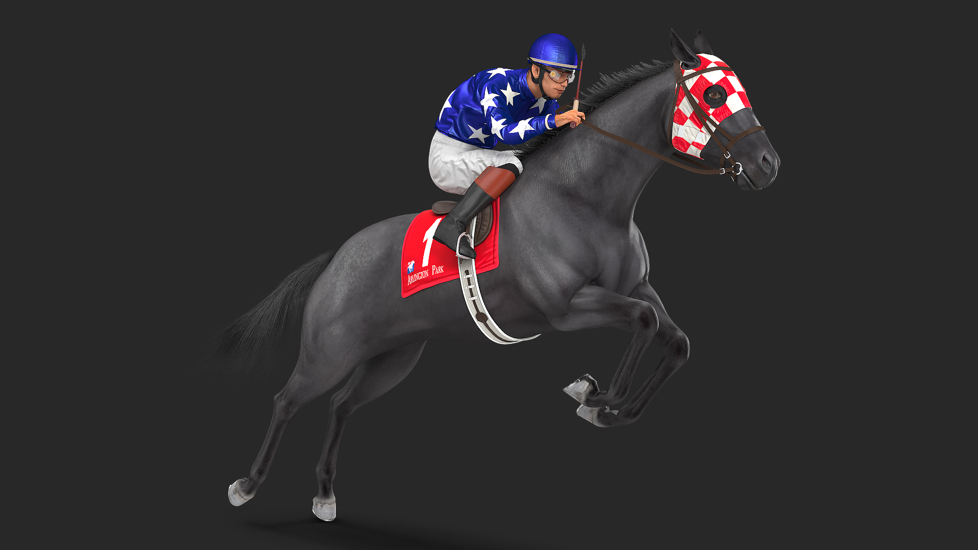 3D Jumping Black Racing Horse with Jokey Fur