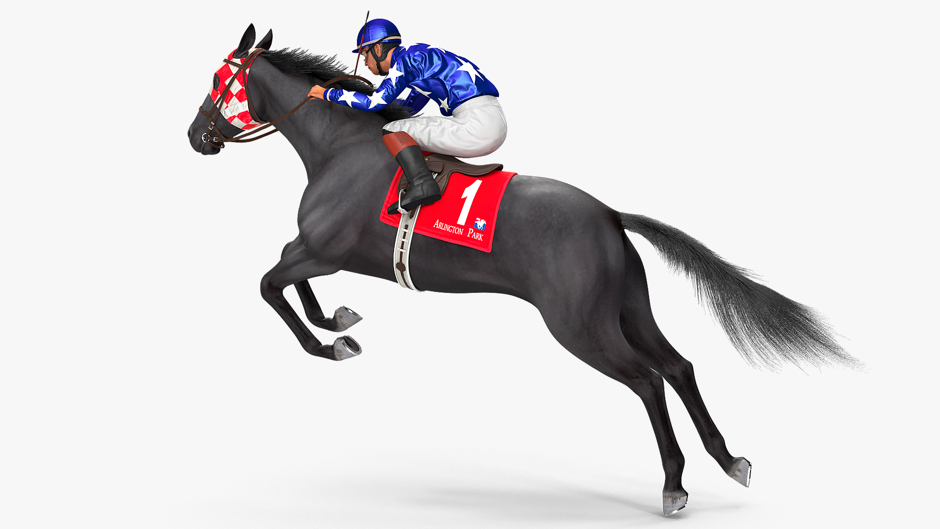 3D Jumping Black Racing Horse with Jokey Fur