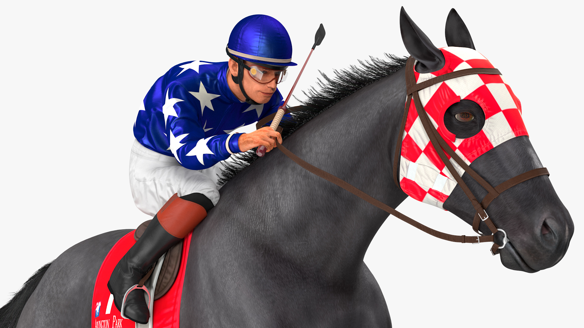 3D Jumping Black Racing Horse with Jokey Fur
