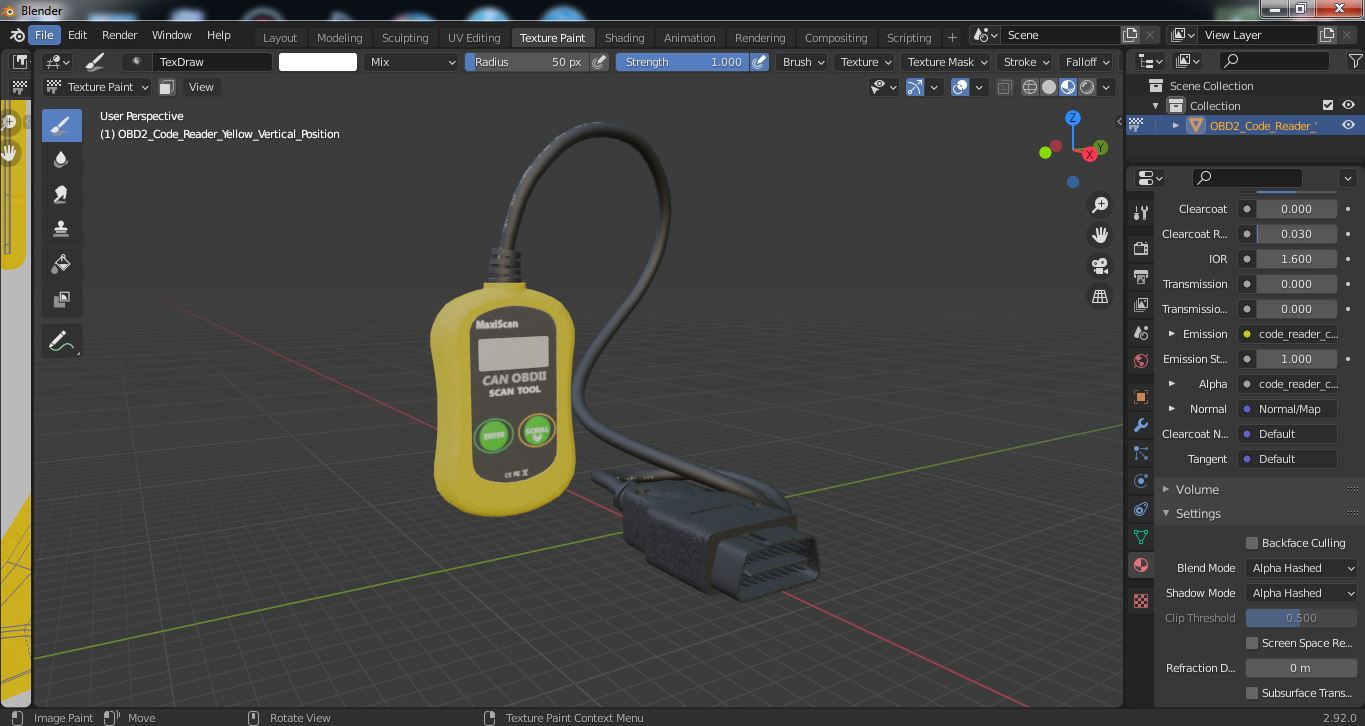 3D OBD2 Code Reader Yellow Vertical Position