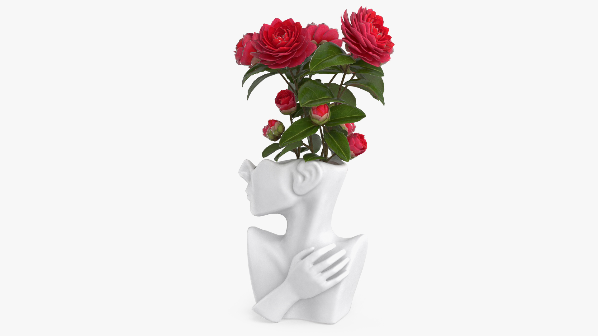 3D Vase Bust Head Shaped White with Camellia