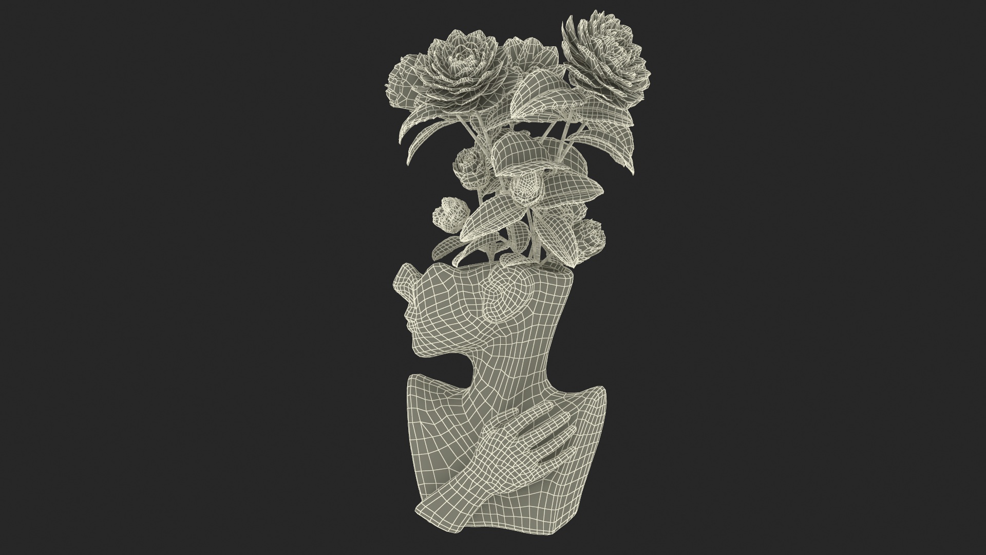 3D Vase Bust Head Shaped White with Camellia