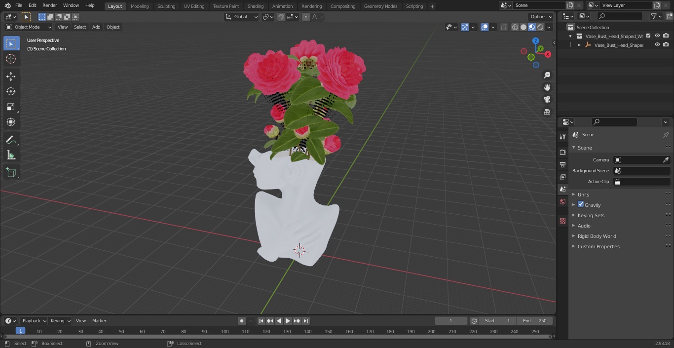 3D Vase Bust Head Shaped White with Camellia