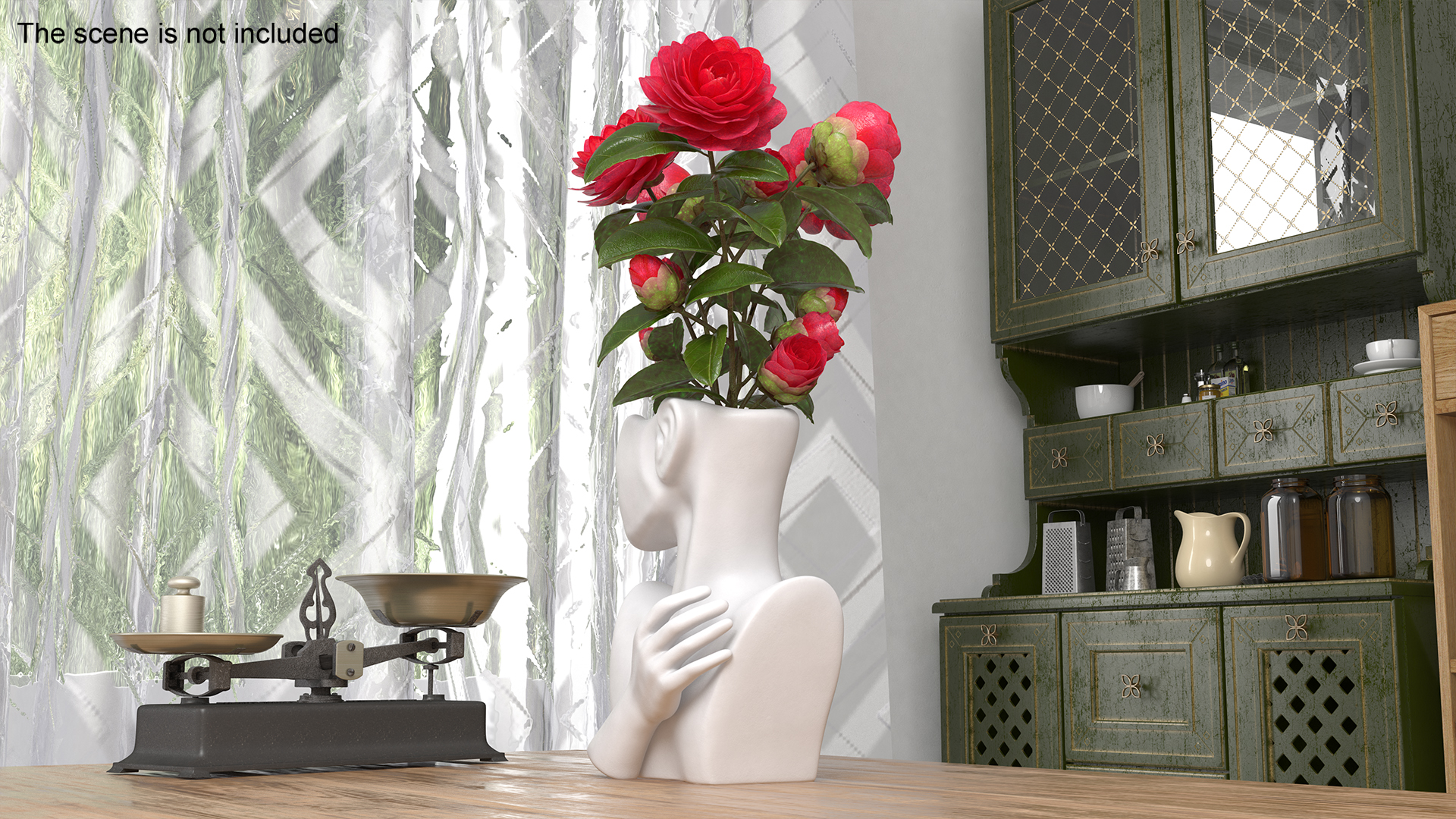 3D Vase Bust Head Shaped White with Camellia