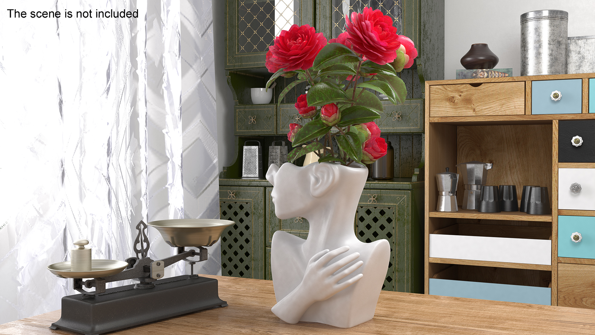 3D Vase Bust Head Shaped White with Camellia
