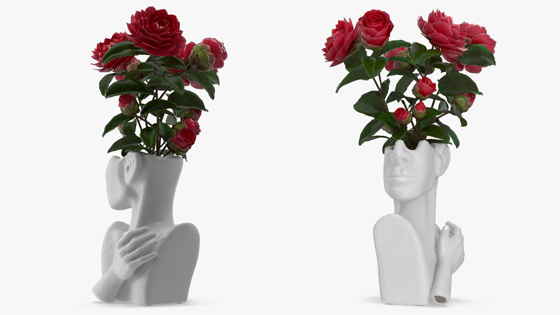 3D Vase Bust Head Shaped White with Camellia