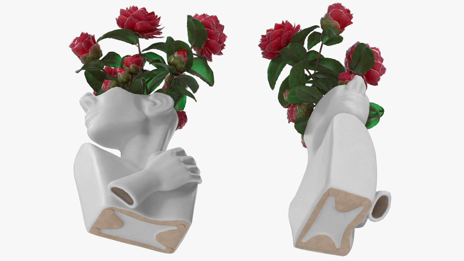 3D Vase Bust Head Shaped White with Camellia