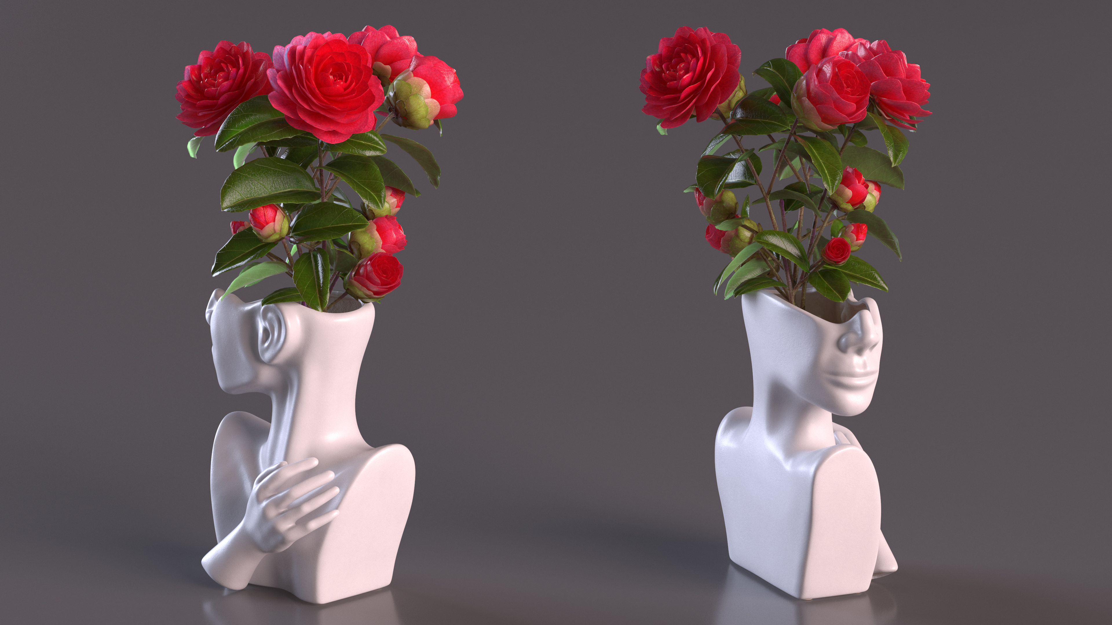 3D Vase Bust Head Shaped White with Camellia