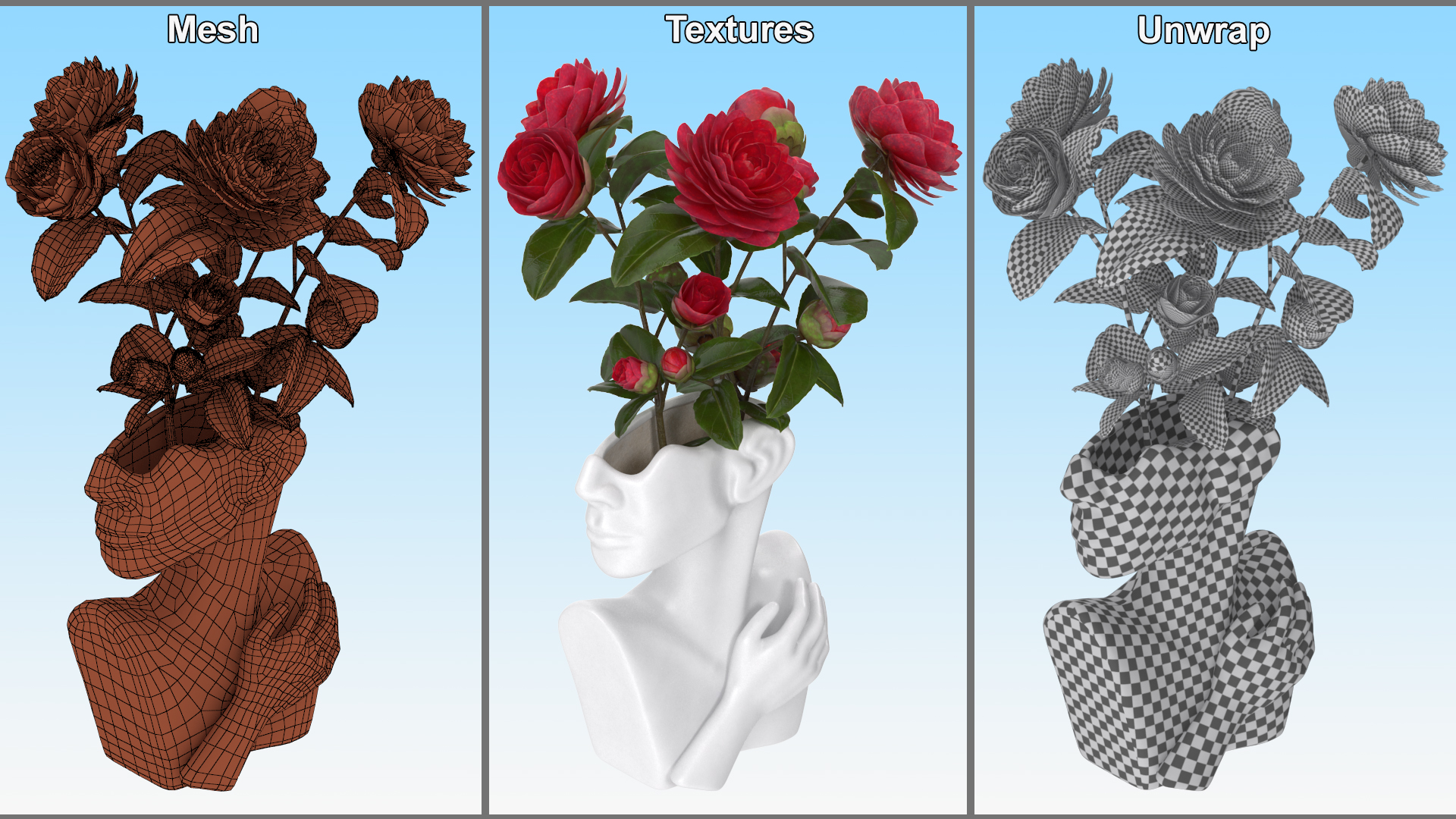 3D Vase Bust Head Shaped White with Camellia