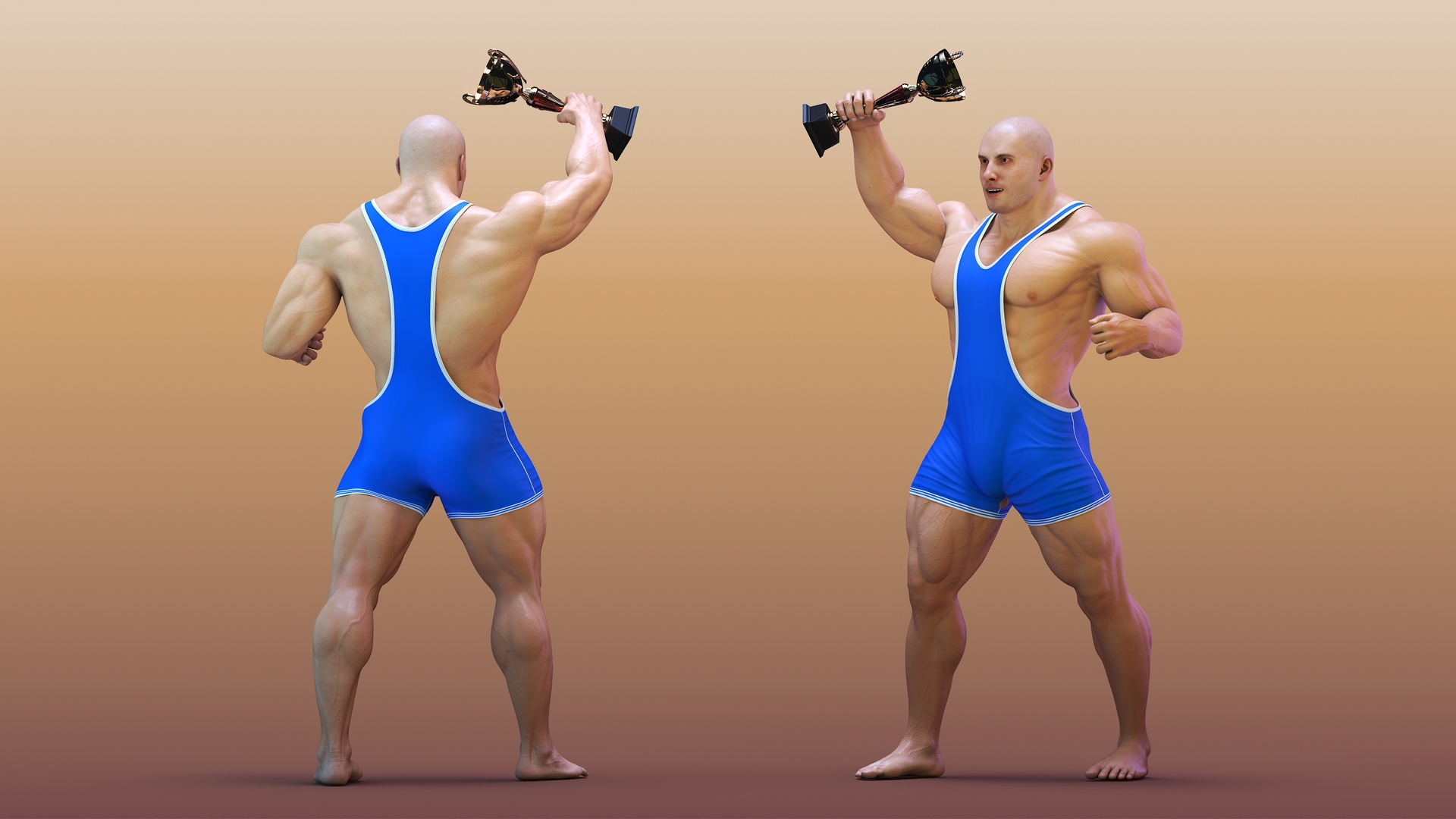 3D Bodybuilder and Trophy Cup in Reebok Red Singlet model