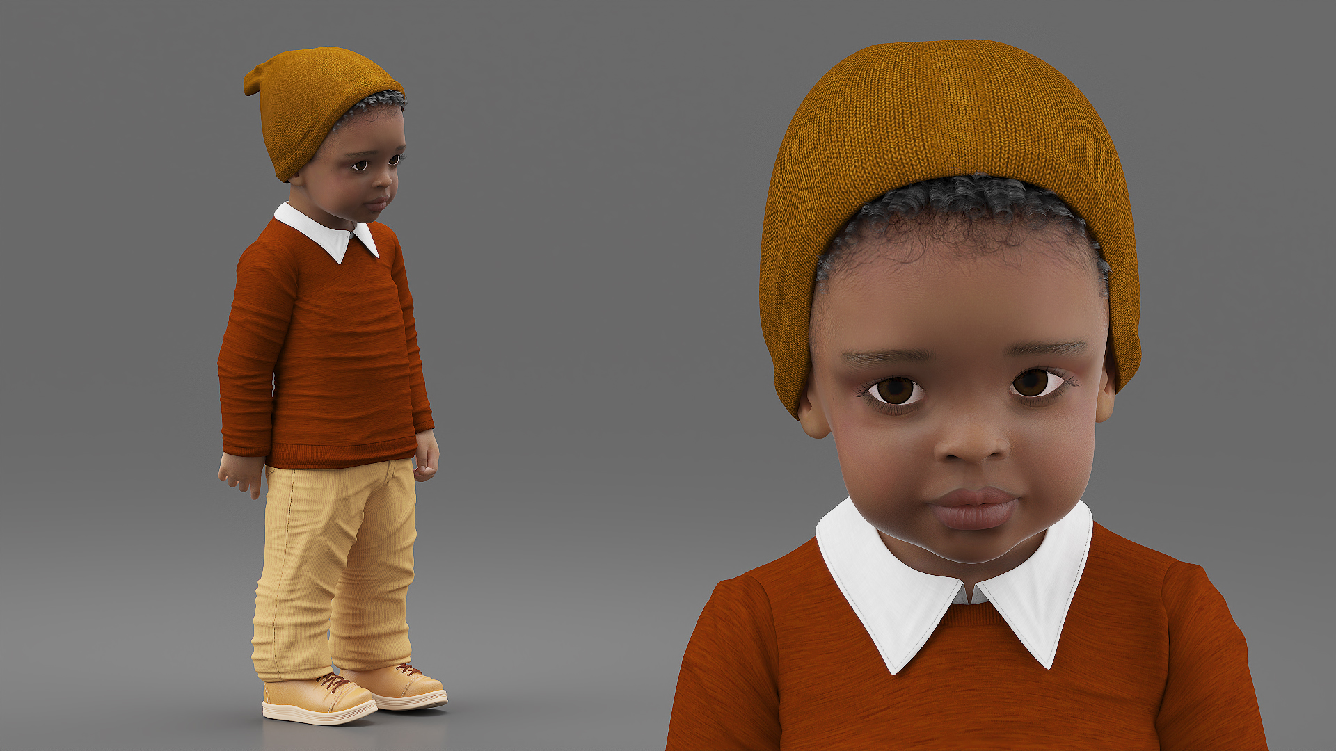 3D Little Black Boy Light Skin Autumn Clothes Rigged for Cinema 4D model