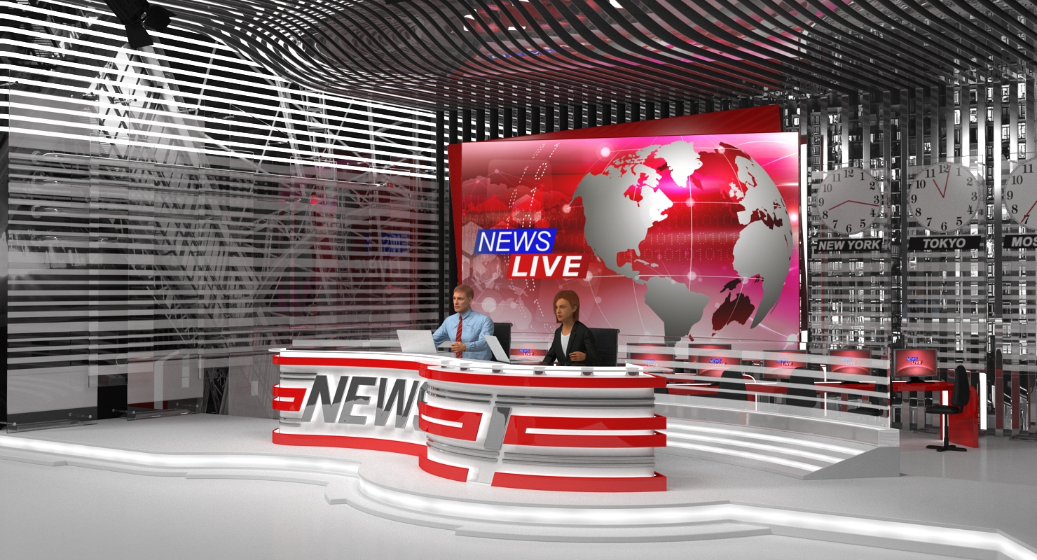 3D Big News TV Studio with Presenters Rigged