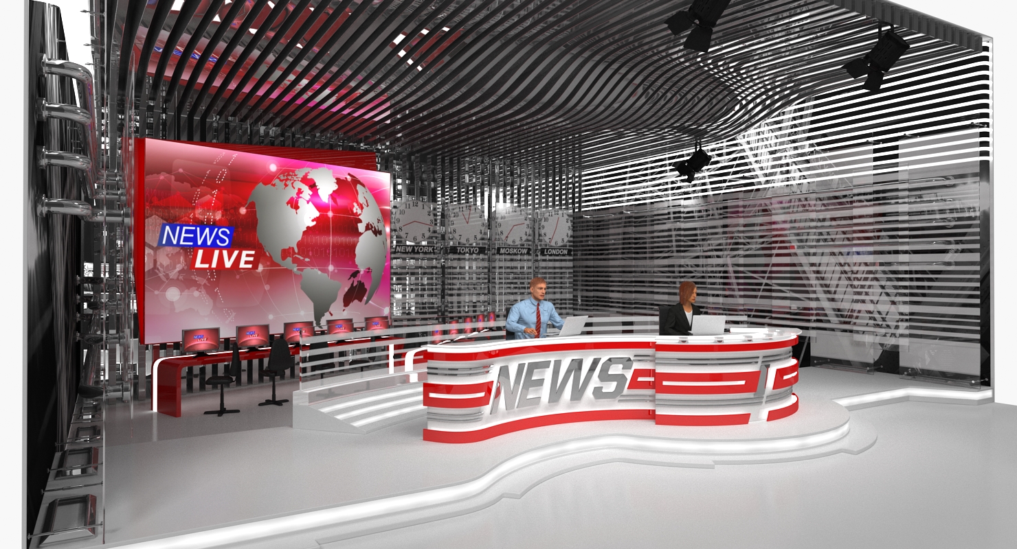 3D Big News TV Studio with Presenters Rigged
