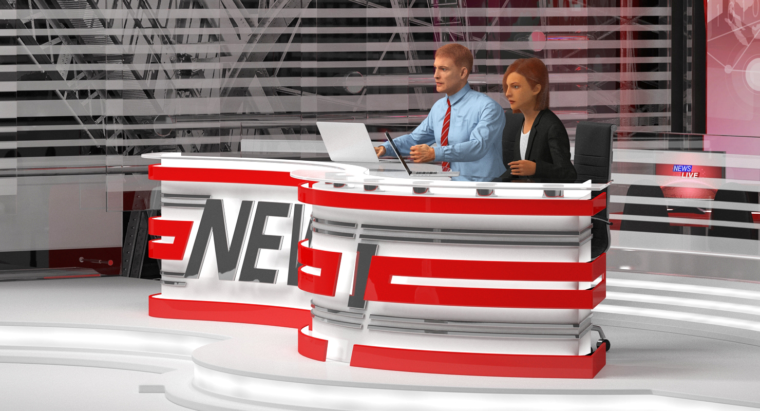 3D Big News TV Studio with Presenters Rigged