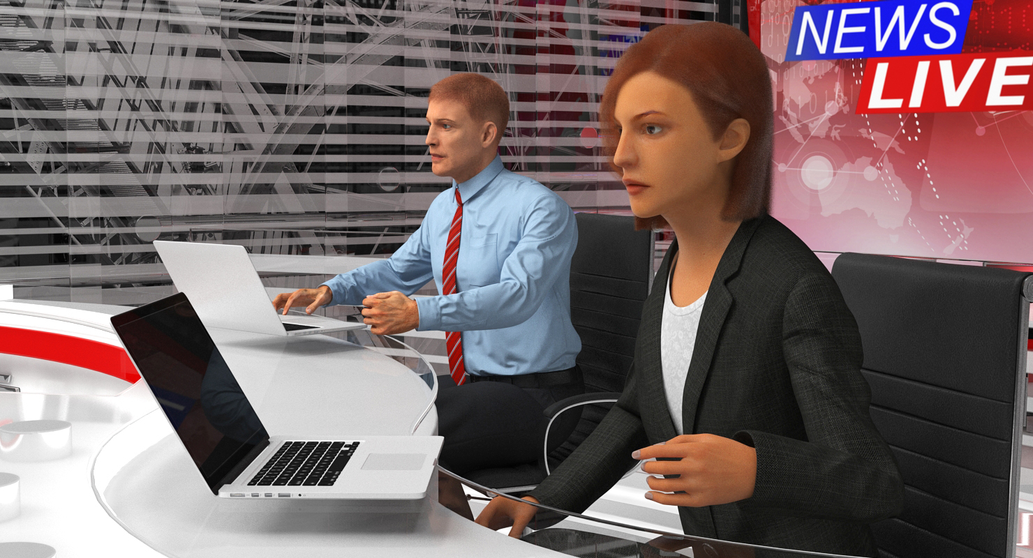 3D Big News TV Studio with Presenters Rigged