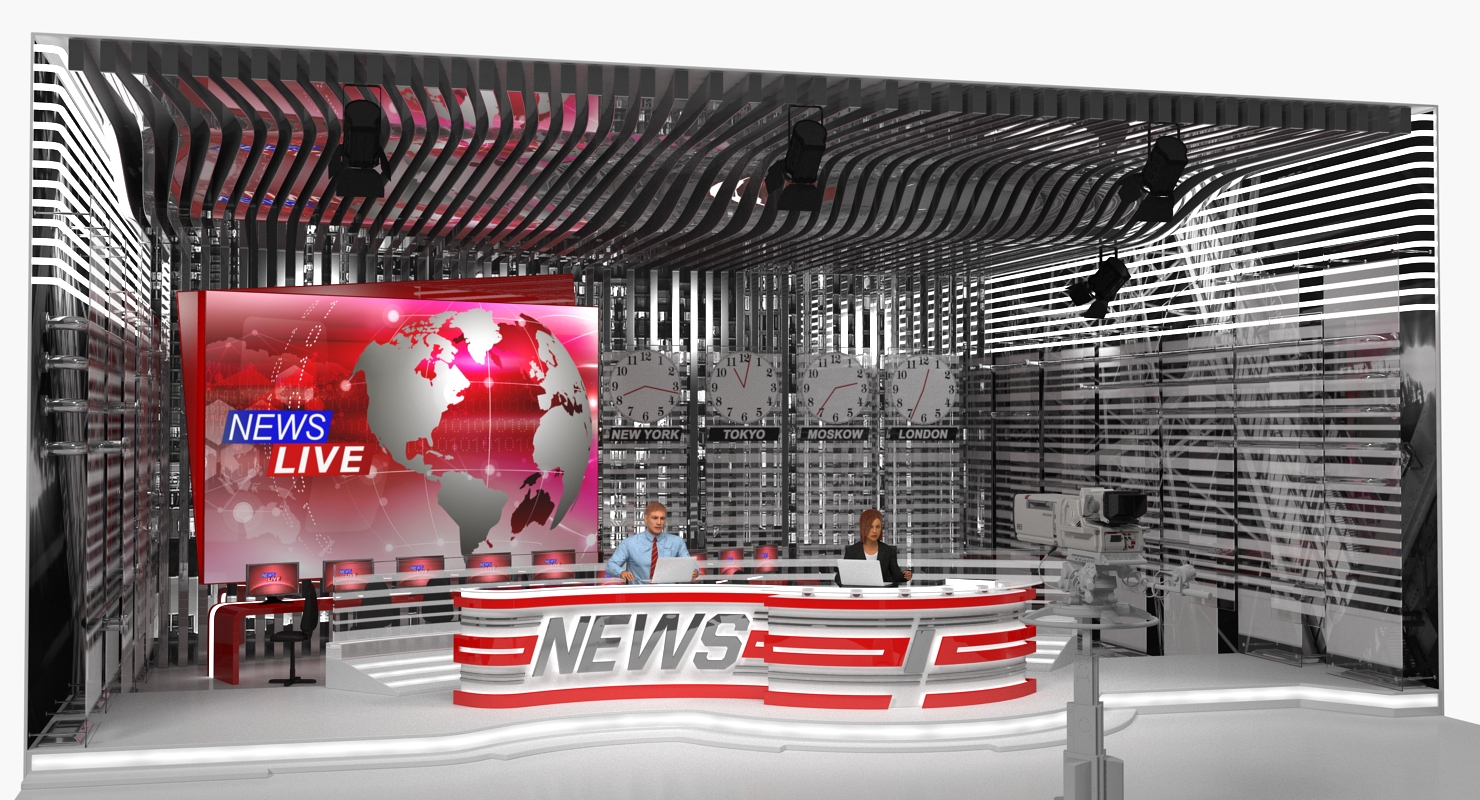 3D Big News TV Studio with Presenters Rigged