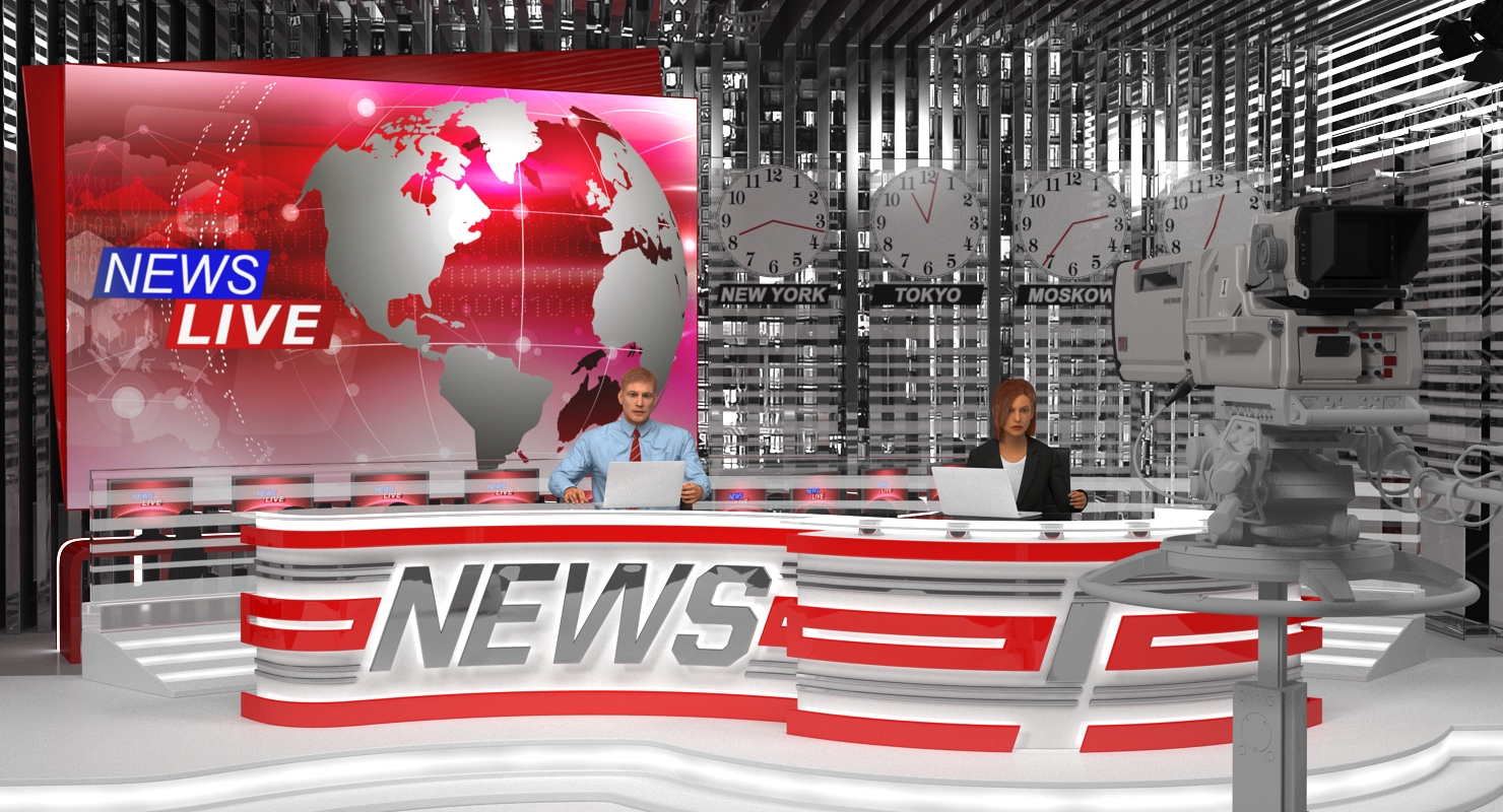 3D Big News TV Studio with Presenters Rigged