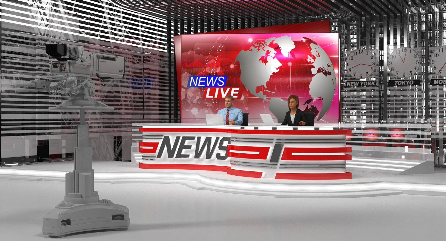 3D Big News TV Studio with Presenters Rigged
