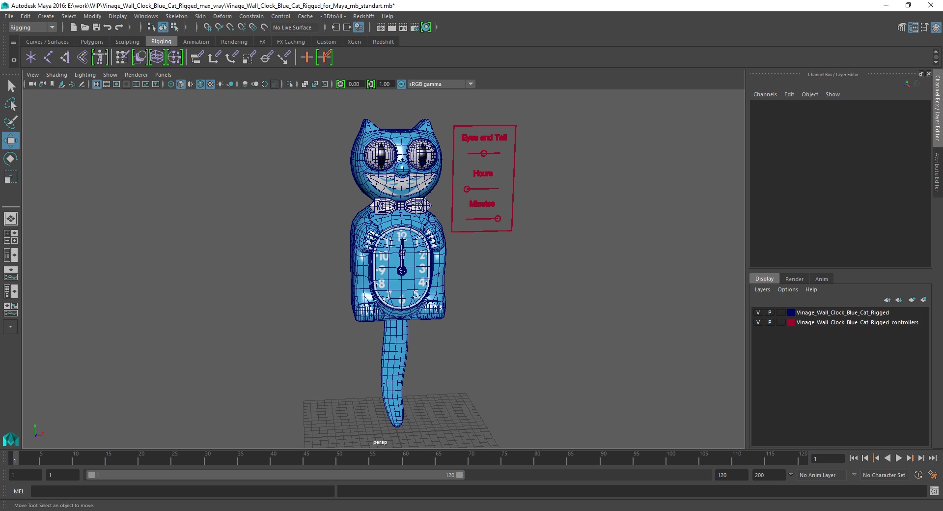 3D Vintage Wall Clock Blue Cat Rigged for Maya model