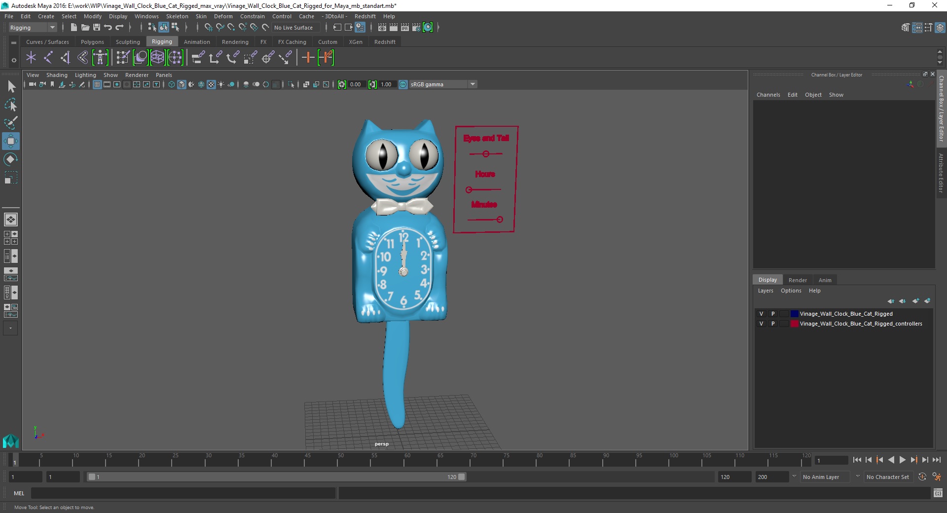 3D Vintage Wall Clock Blue Cat Rigged for Maya model